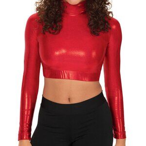 Cheerleading Company Red Sparkly Metallic Half Crop Top Size M with Long Sleeves